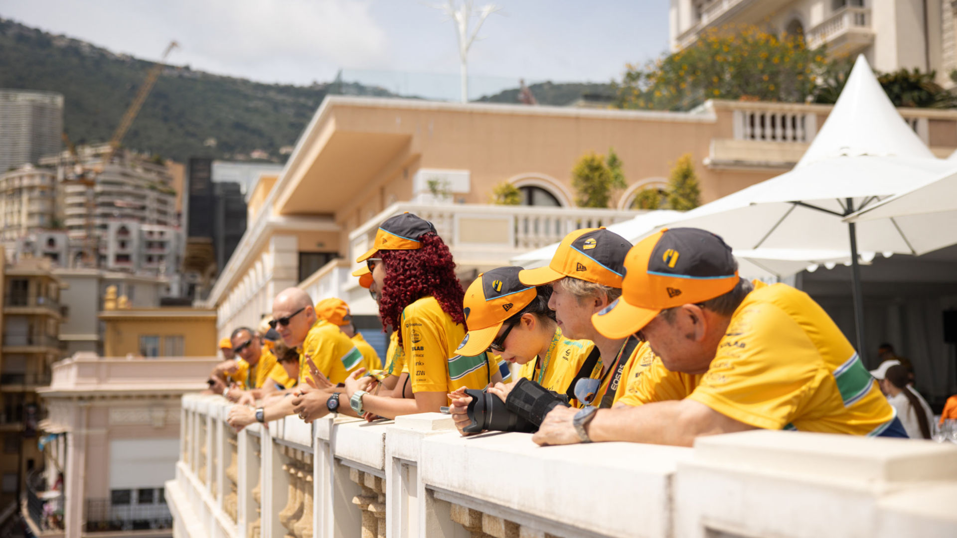 McLaren guests overlooking the Monaco road track from the Hotel Hermitage terrace. 