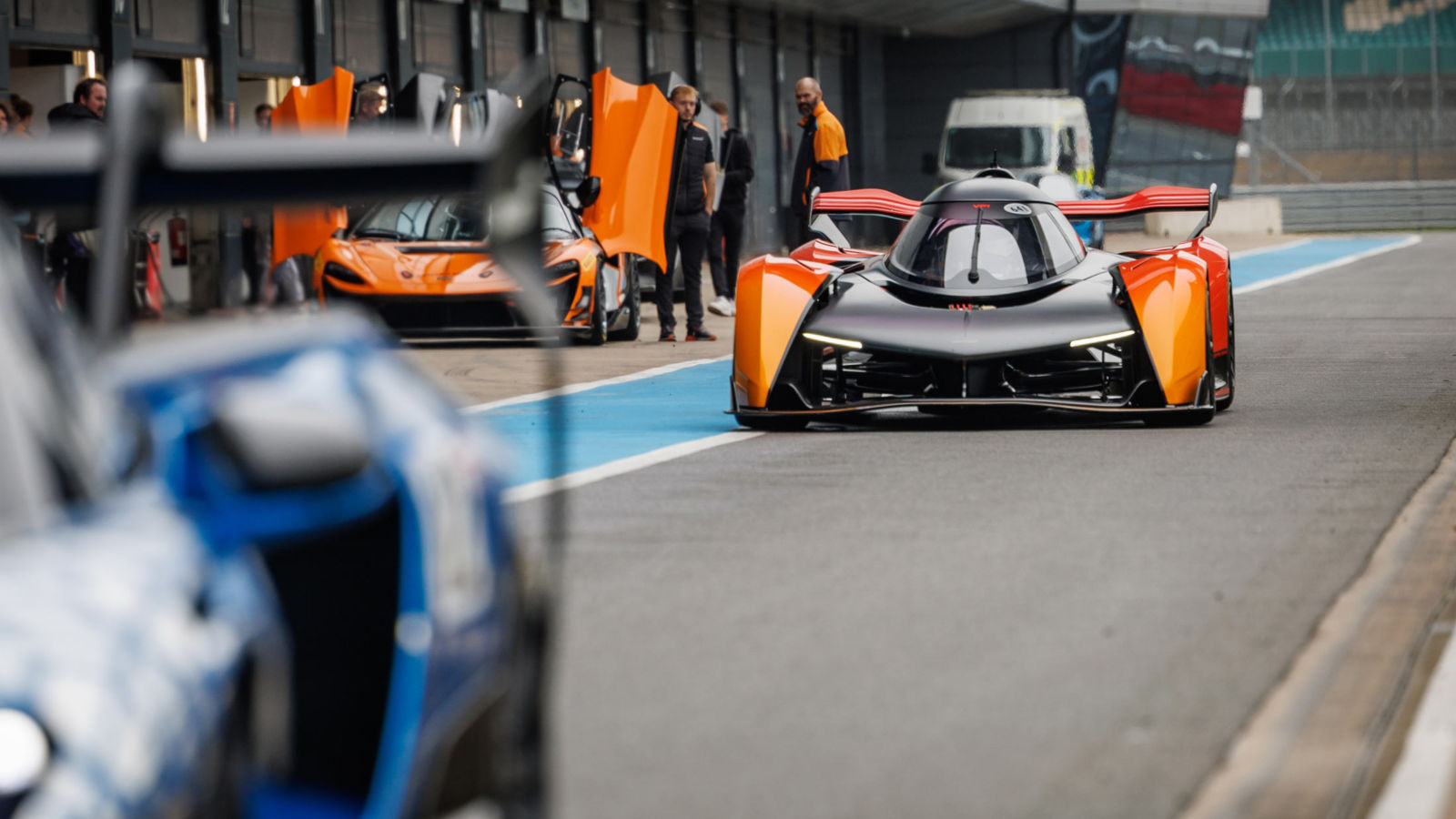 The McLaren Solus GT driving along the trackside of Silverstone.