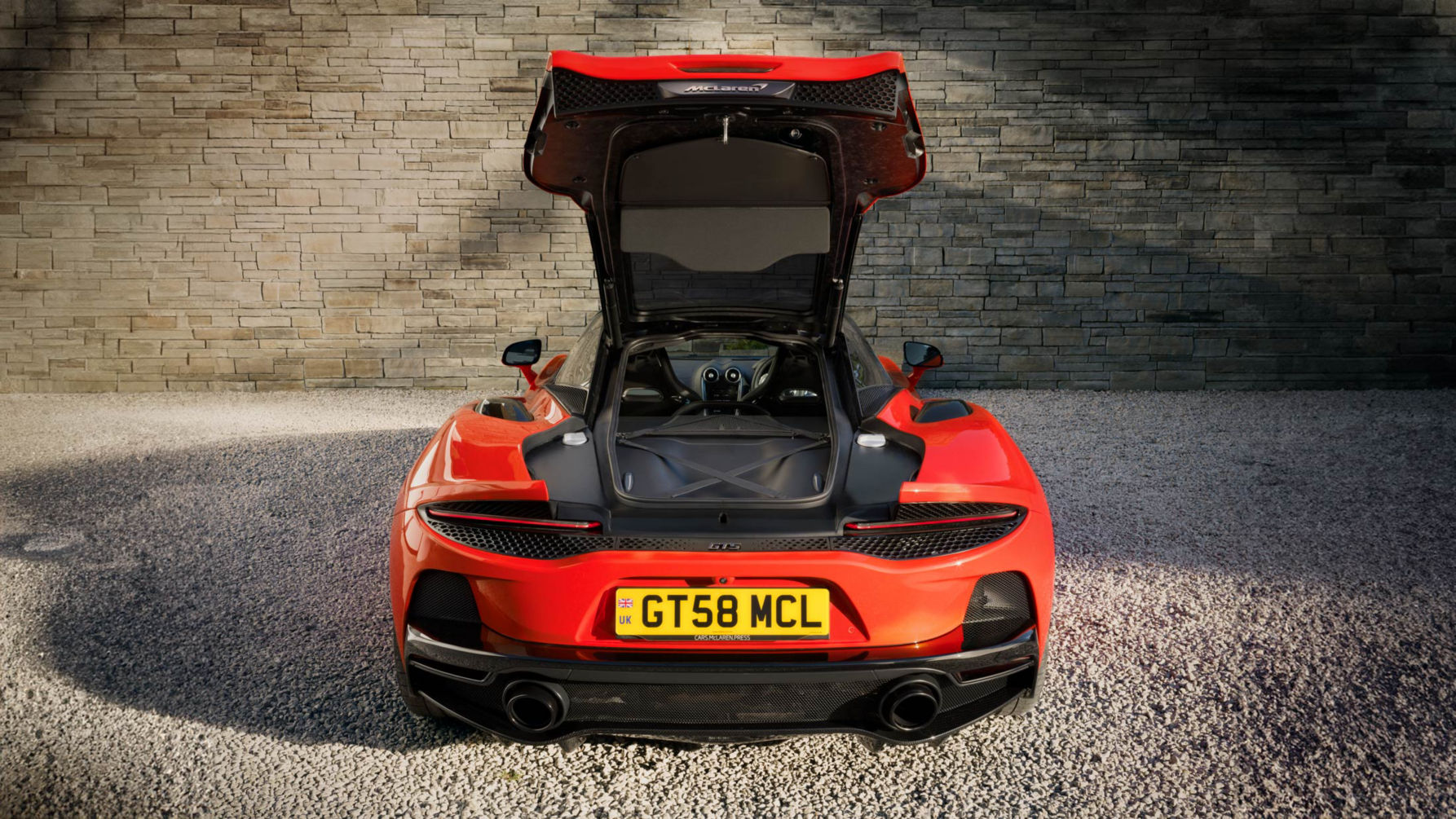 The McLaren GTS with the boot open.